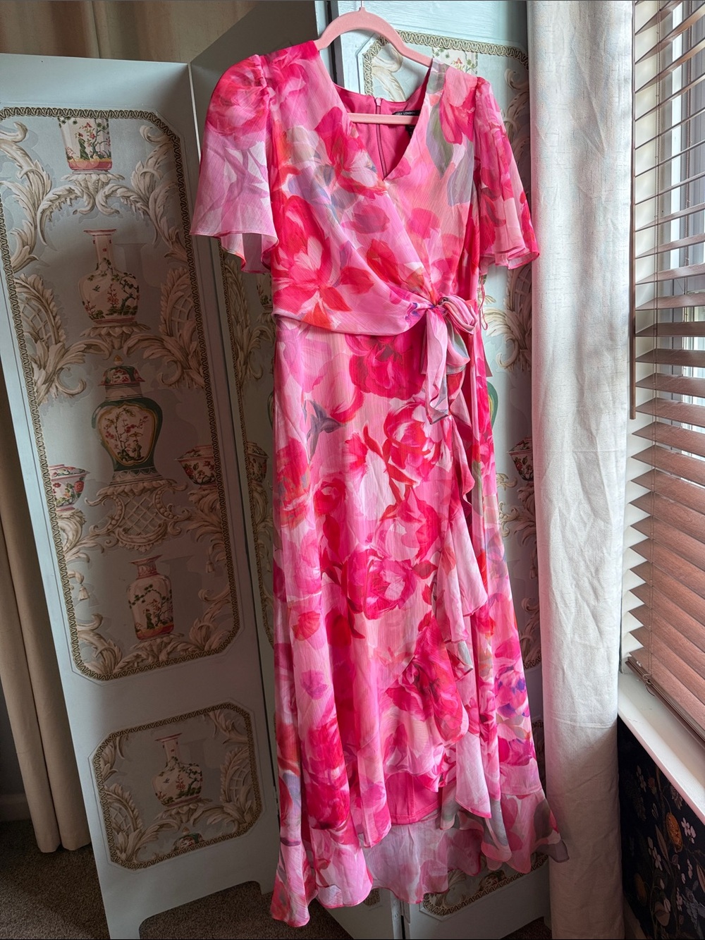 Maggy London Pink & Fuchsia Floral Wrap Maxi Dress